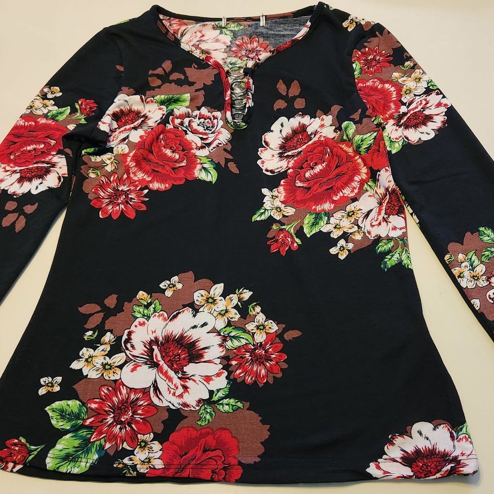 EMILY STACY BLACK BLOUSE WITH RED ROSES PRINT  SIZE SMALL